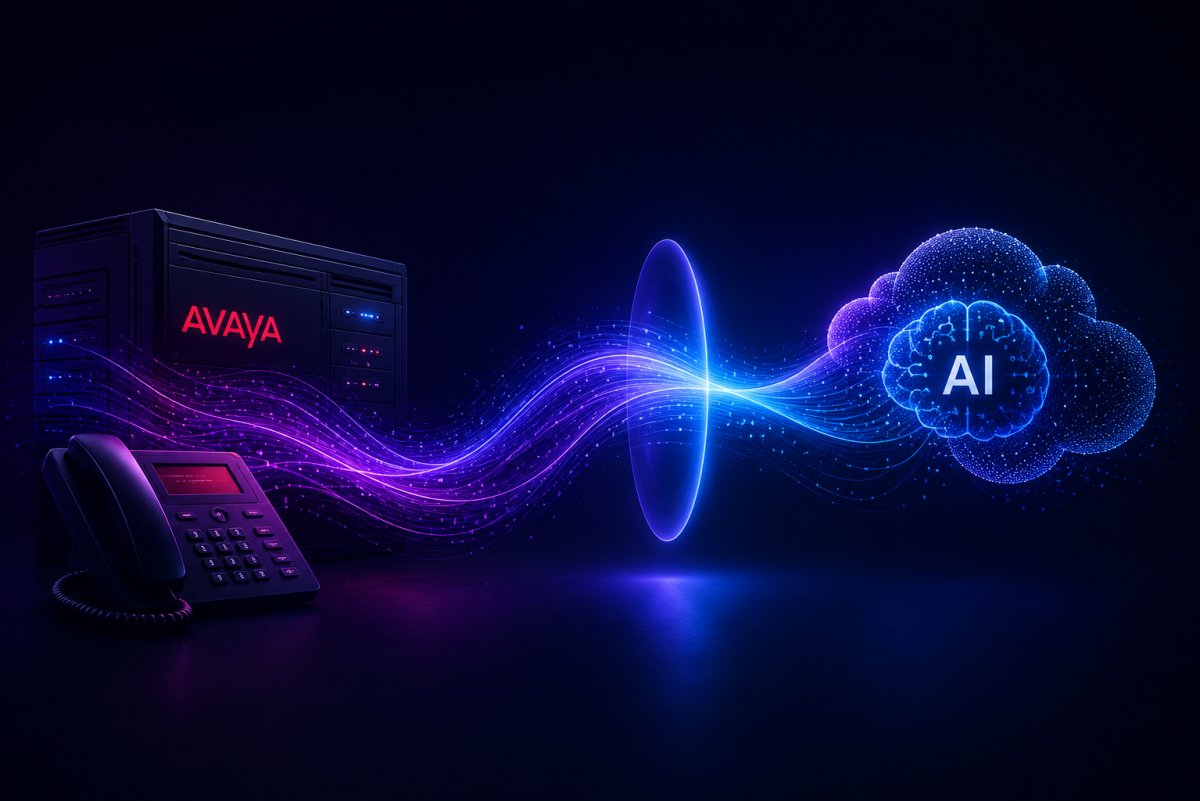 Enterprise illustration of an Avaya contact centre seamlessly connecting to an AI-powered customer service platform through conversational AI and agentic automation.
