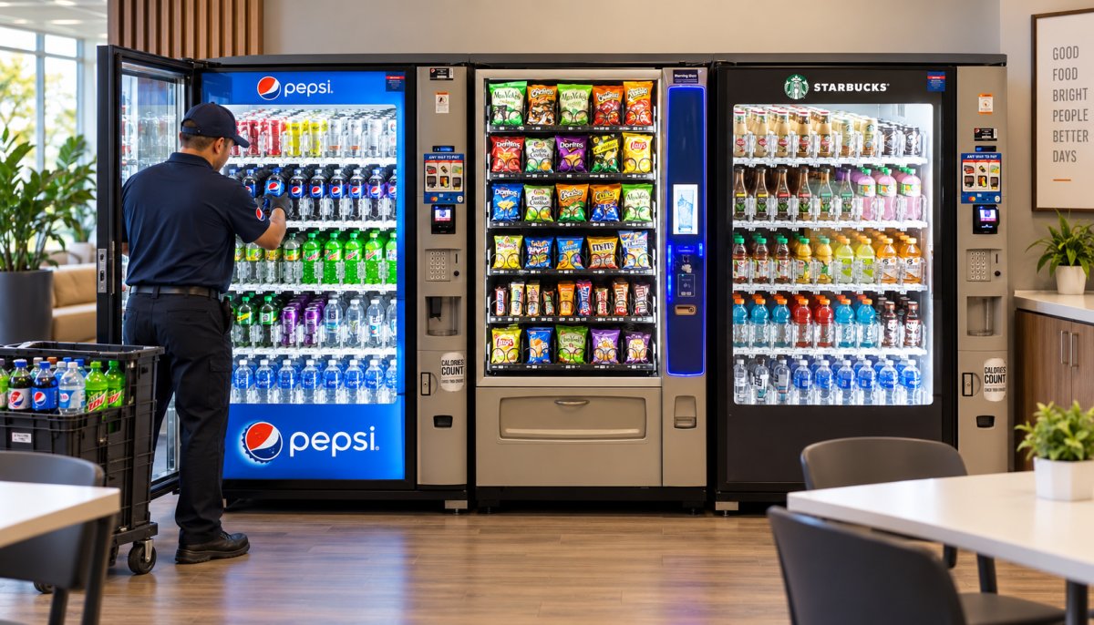 Vending and food service technician restocking a drink machine beside snack and beverage vending machines in a modern Orange County office break room