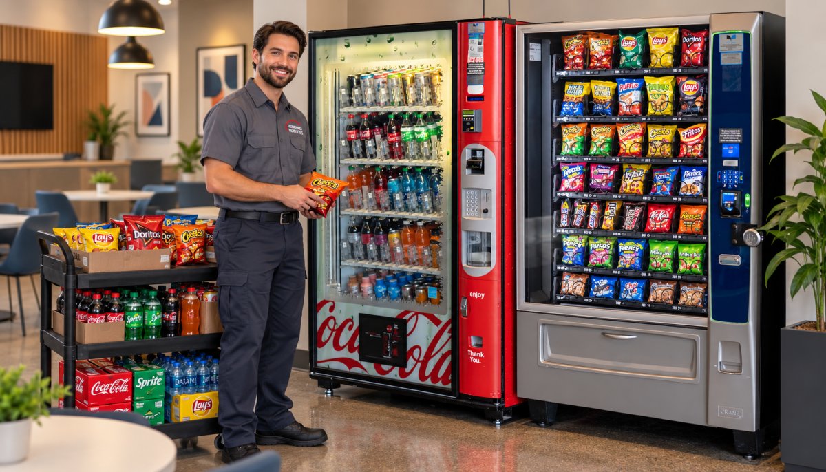 Vending service technician restocking snack and drink vending machines in a modern workplace break room with a cart of products.