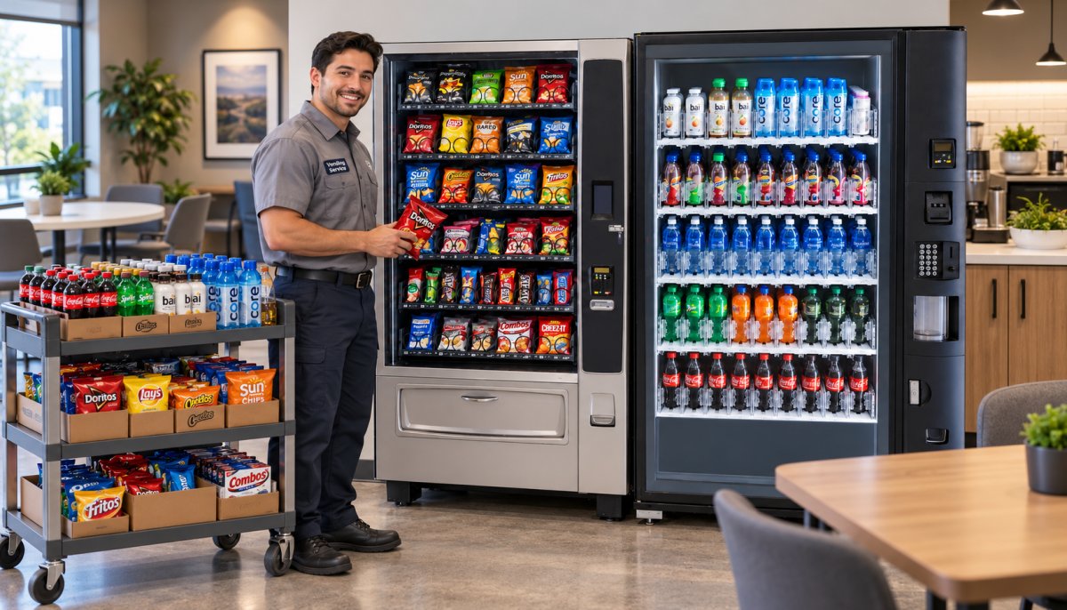 Vending service technician restocking snack and drink vending machines in a modern office