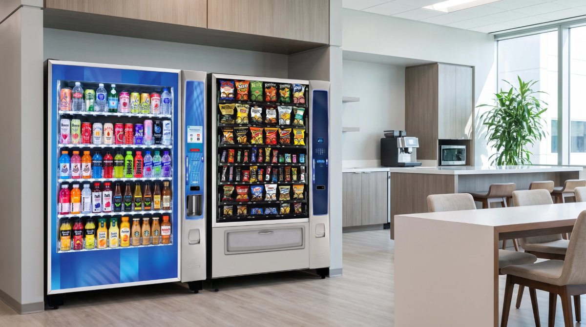 Two commercial vending machines installed side by side in a modern employee breakroom, illustrating full-service vending for Irvine businesses.