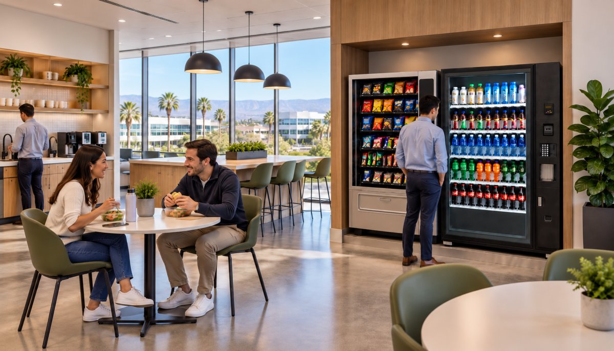 Modern office breakroom with snack and drink vending machines and an employee using the machines, representing professional vending machine service