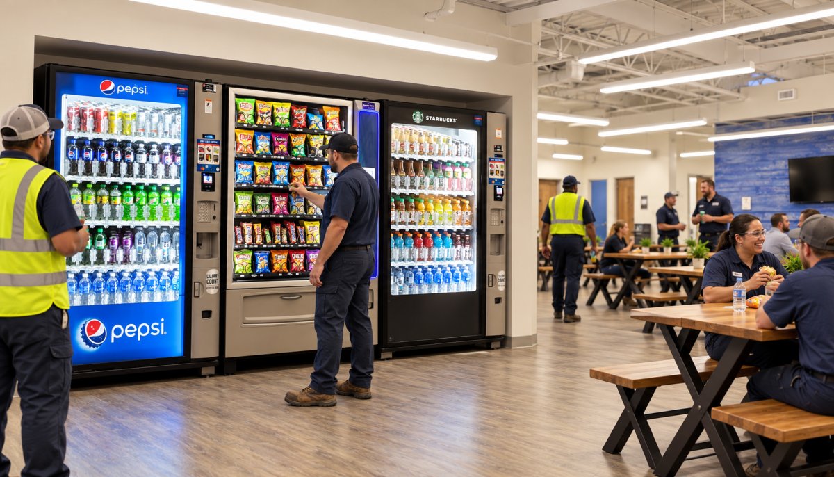 Vending machines for manufacturing facilities in an industrial employee break room with workers using snack and drink machines.