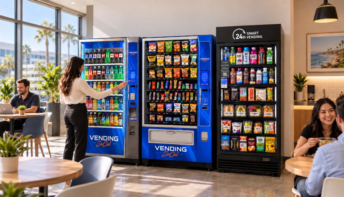 Vending service in Orange County with drink, snack, and healthy food vending machines in a modern business breakroom.