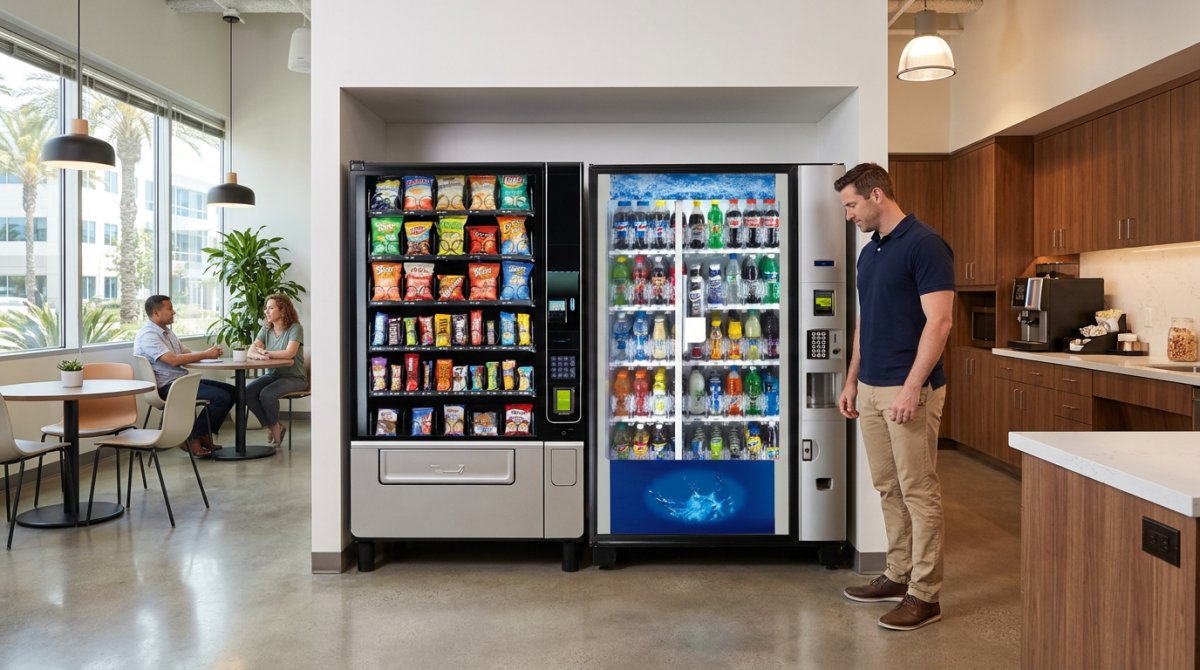 Employee waiting for a drink at a beverage vending machine beside a fully stocked snack machine in a modern office breakroom, showcasing vending service in Orange County.