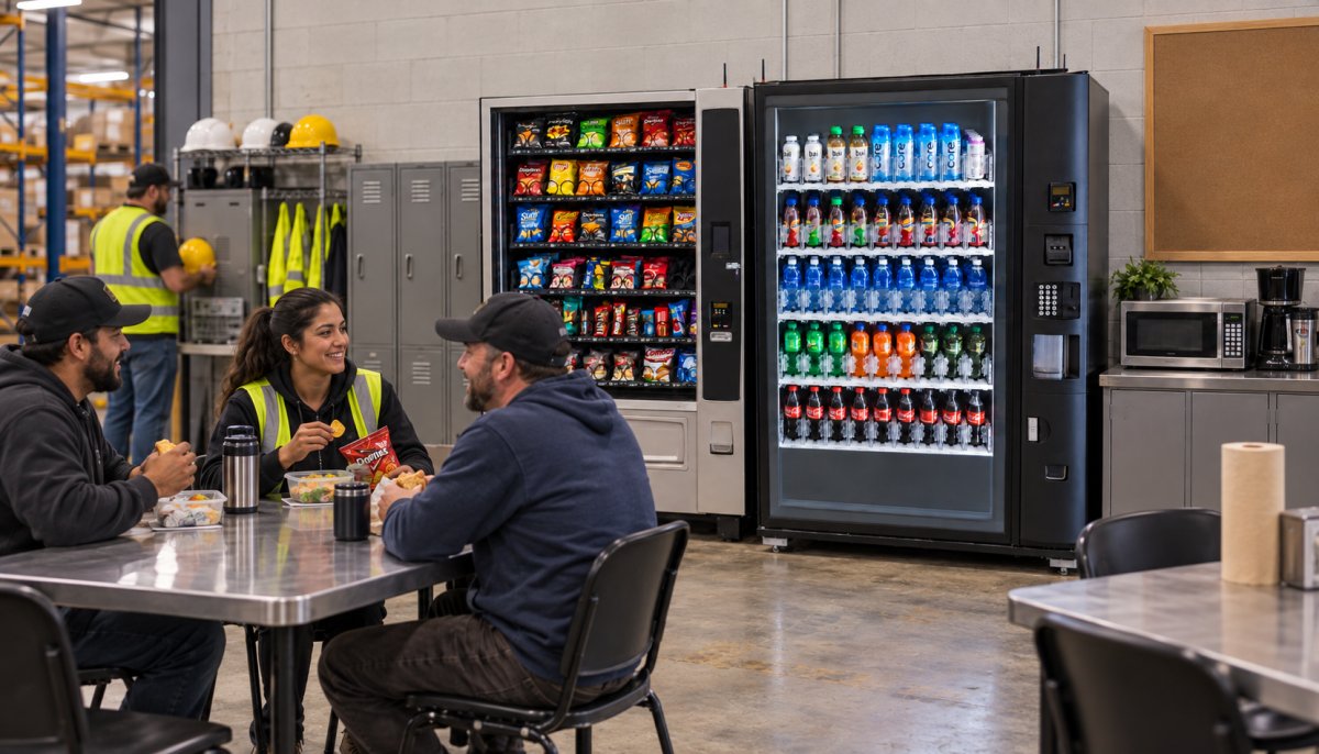Snack and drink vending machines in an industrial warehouse breakroom with employees enjoying lunch together.
