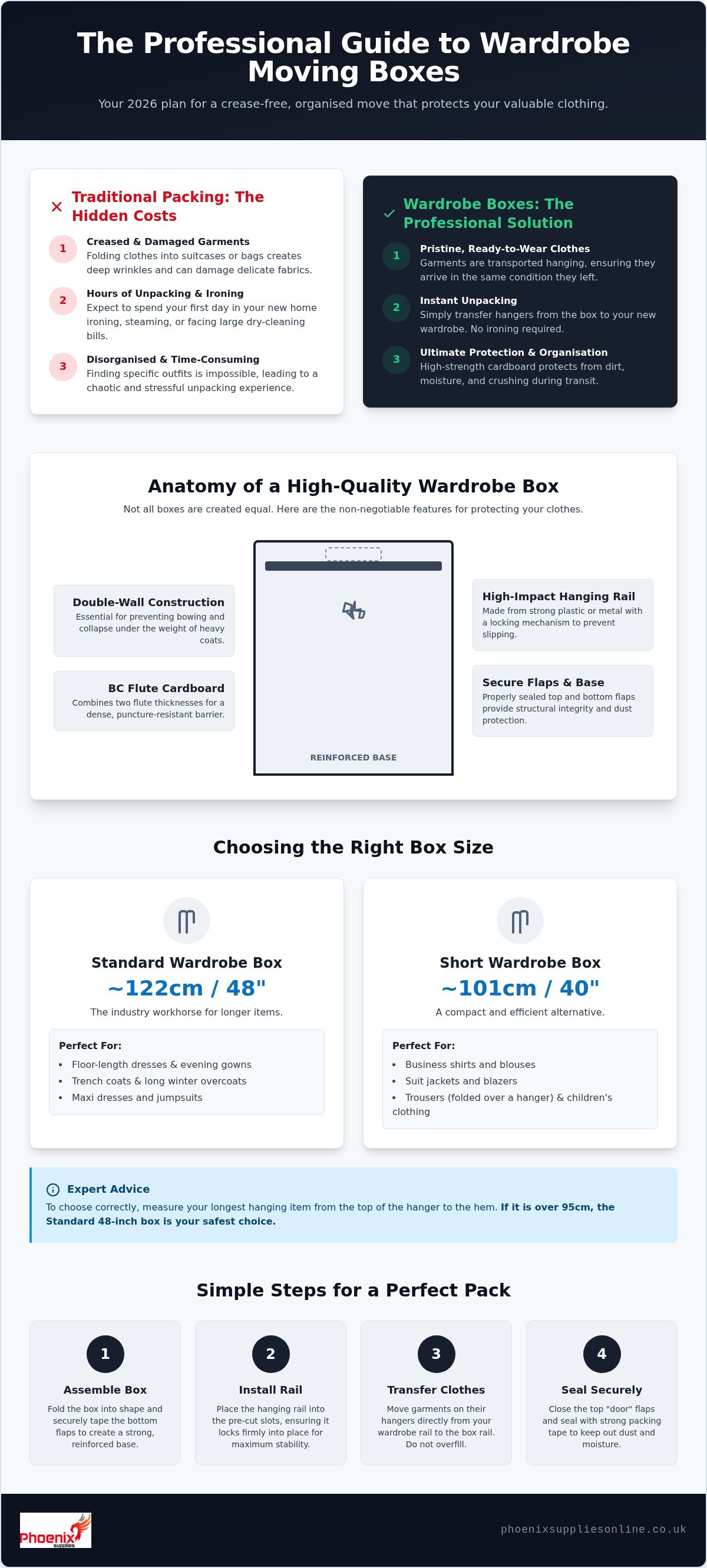 Wardrobe moving box with rail
