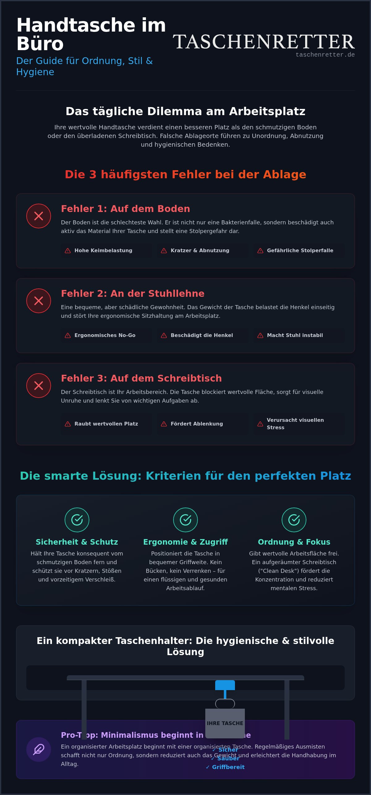 Handtasche am schreibtisch organisieren