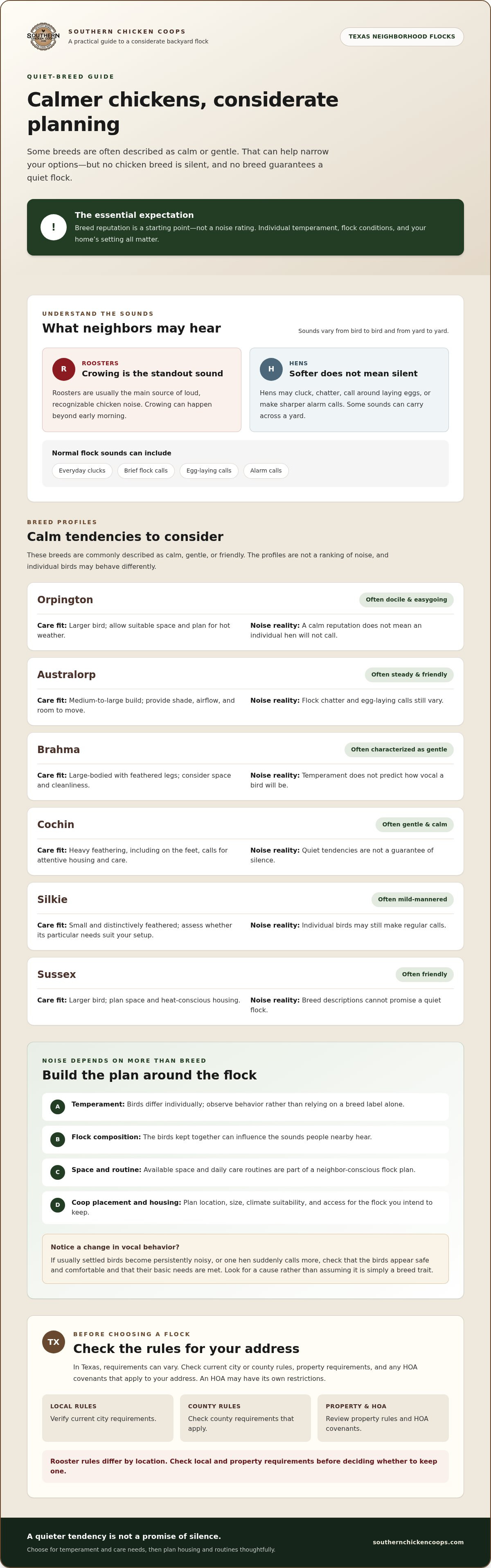 Quietest chicken breeds for neighborhoods