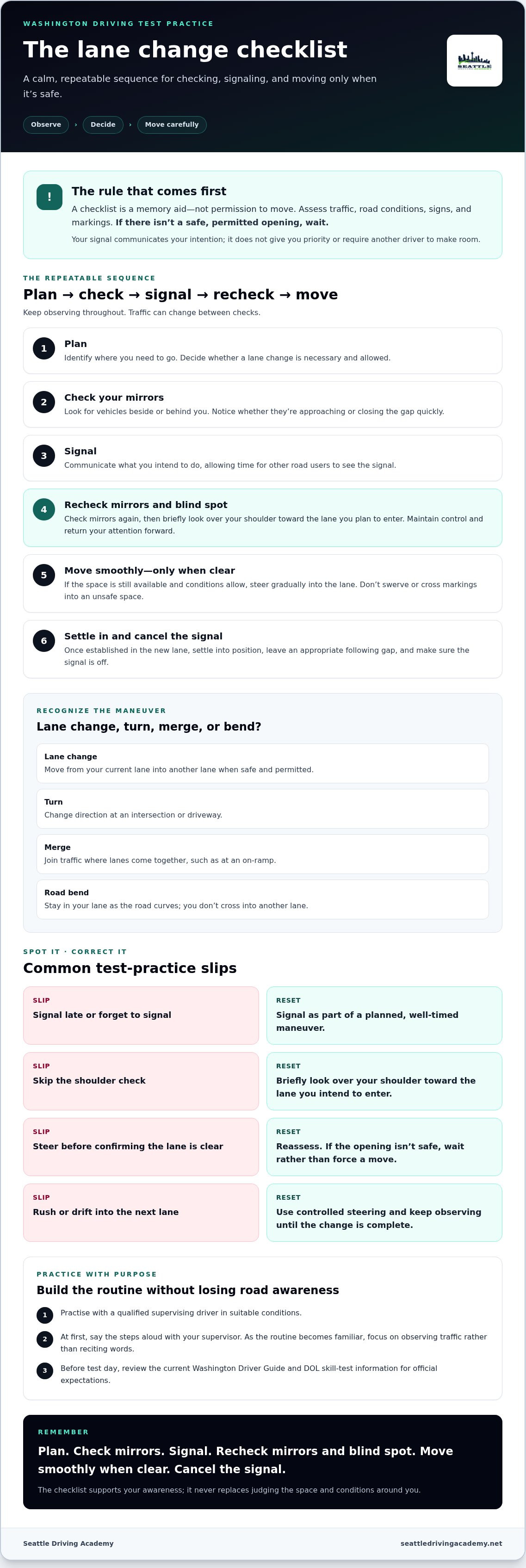 Lane change checklist for driving test