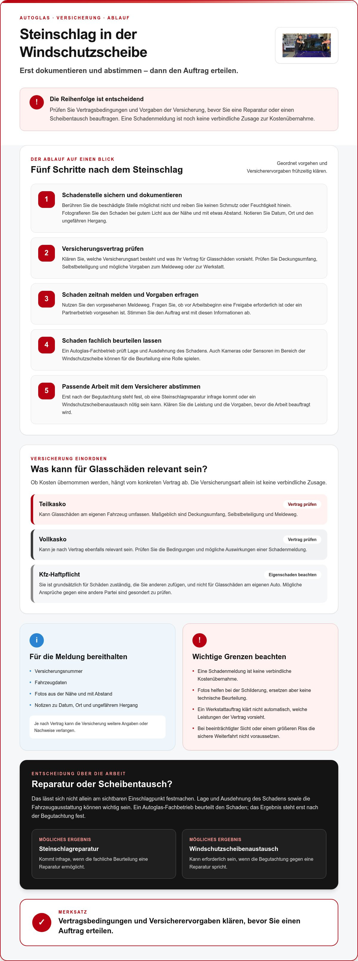 Steinschlag Windschutzscheibe Versicherung Ablauf