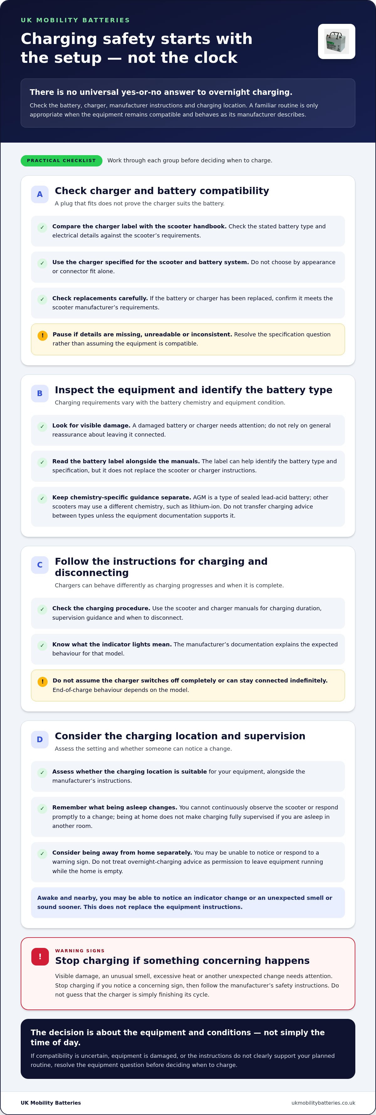 Overnight charging safety mobility scooter