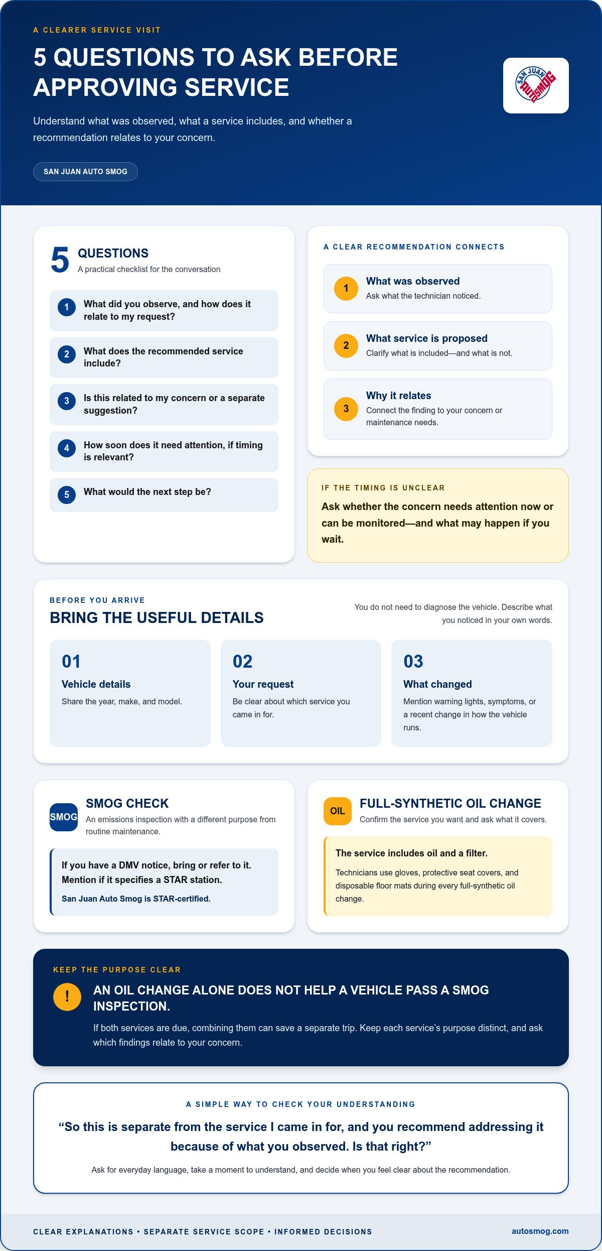 Questions to ask a mechanic before service Fair Oaks