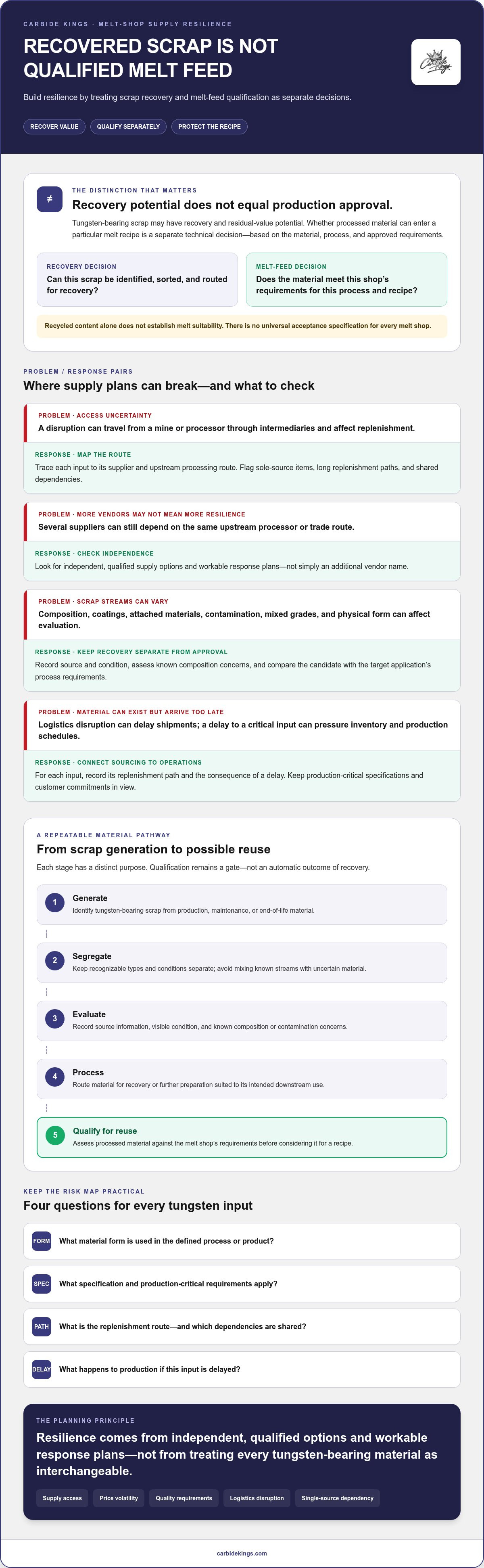 Secondary tungsten supply risk management for industrial melt shops