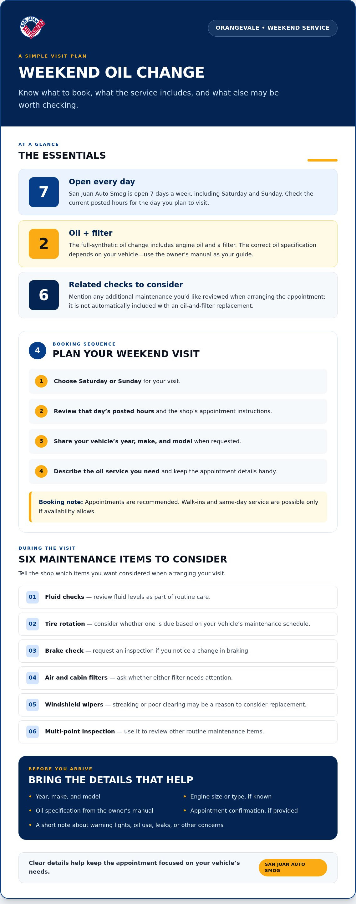 Weekend oil change appointments Orangevale