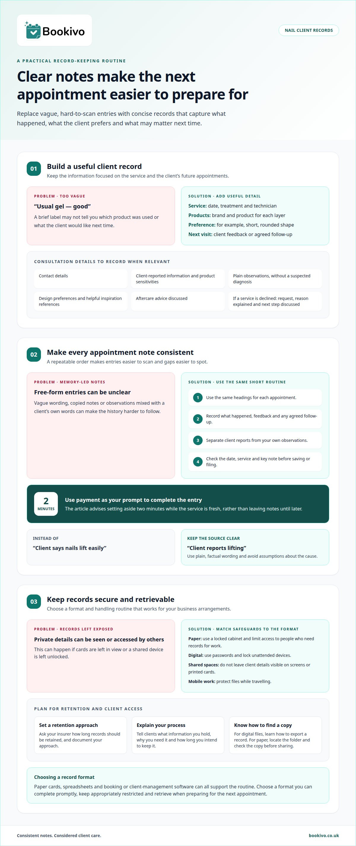 What to include in nail technician client records infographic